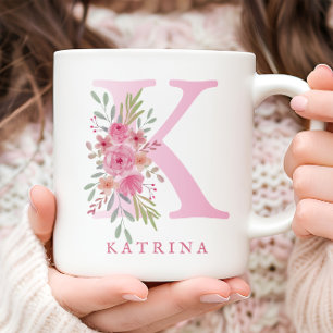 Elegant Watercolor Pink Floral Monogram Name Coffee Mug