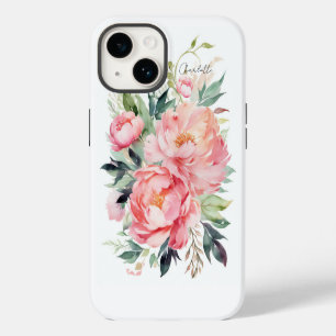 Elegant Watercolor Pink Floral Personalised Name iPhone 14 Case