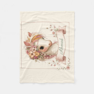 Elegant Watercolor Pink Floral Pony Illustration Fleece Blanket