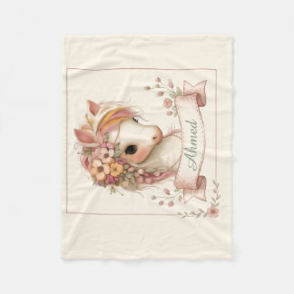 Elegant Watercolor Pink Floral Pony Illustration Fleece Blanket