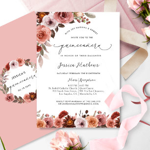 Elegant Watercolor Pink Floral Quinceañera  Invitation
