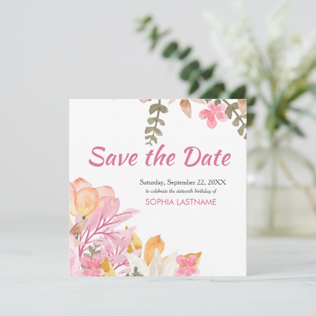 Elegant Watercolor Pink Floral Save The Date (Standing Front)