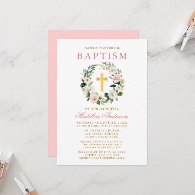 Elegant Watercolor Pink Floral Wreath Gold Baptism Invitation (Front/Back In Situ)