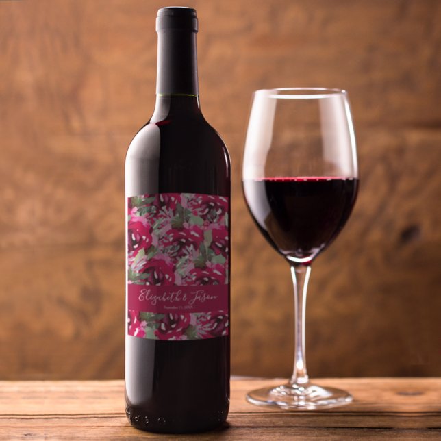 Elegant Watercolor Pink Flowers Wedding Wine Label (Elegant watercolor pink flowers wine bottle labels personalized for your wedding)