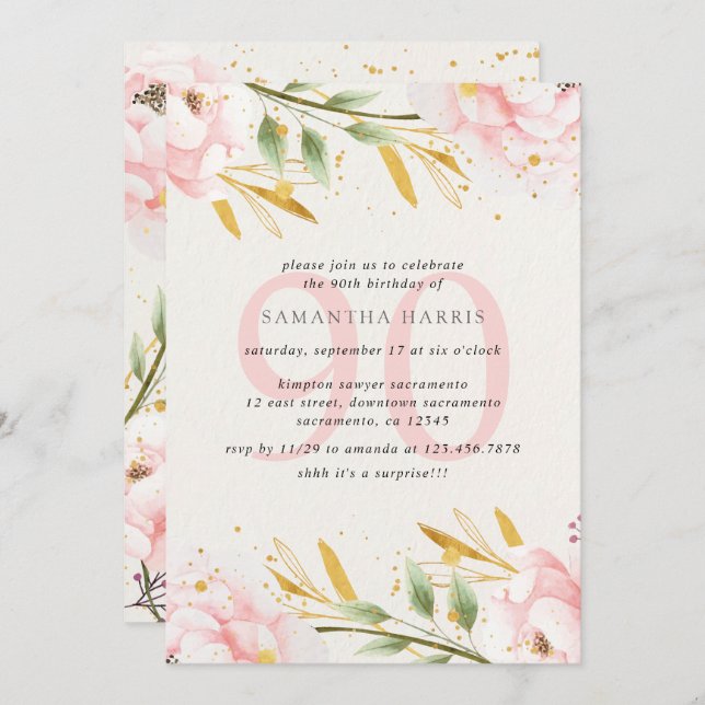 Elegant Watercolor Pink & Gold 90th Birthday Party Invitation (Front/Back)