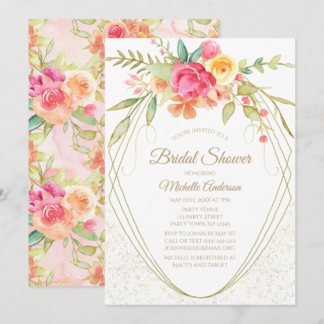 Elegant Watercolor Pink Gold Floral Bridal Shower Invitation (Front/Back)