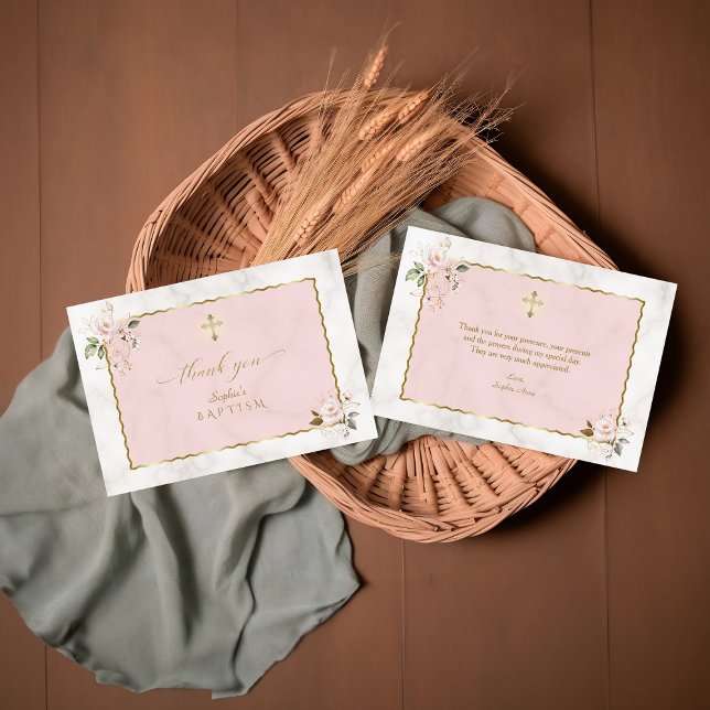 Elegant Watercolor Pink Gold Flowers Baptism Thank You Card (Creator Uploaded)