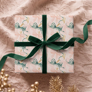 Elegant Watercolor Pink & Green Bow Christmas Wrap Wrapping Paper