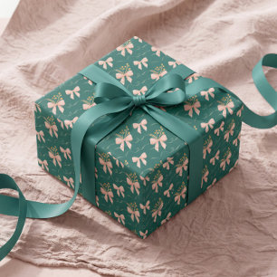 Elegant Watercolor Pink & Green Bow Christmas Wrapping Paper
