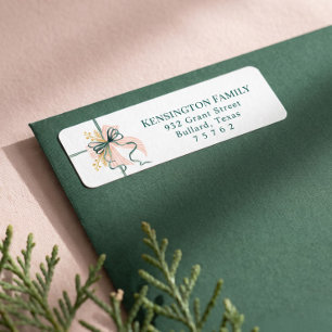 Elegant Watercolor Pink & Green Festive Bow Ribbon Return Address Label