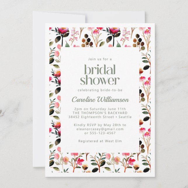 Elegant Watercolor Pink Greenery Bridal Shower Invitation (Front)