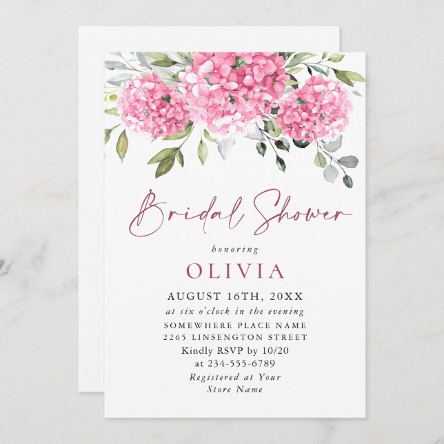 Elegant Watercolor Pink Hydrangea BRIDAL SHOWER Invitation (Front/Back)