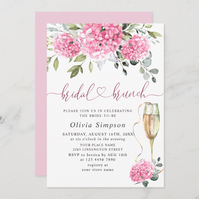 Elegant Watercolor Pink Hydrangea BRIDAL SHOWER Invitation (Front/Back)