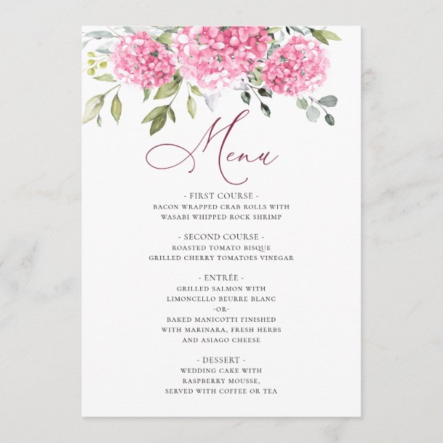 Elegant Watercolor Pink Hydrangea Floral Wedding Menu (Front)
