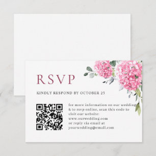 Elegant Watercolor Pink Hydrangea QR code Wedding RSVP Card