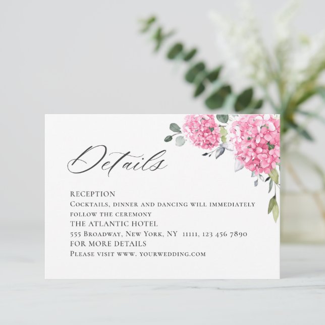 Elegant Watercolor Pink Hydrangea Wedding Details Enclosure Card (Standing Front)