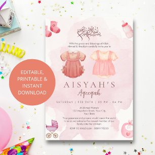 Elegant Watercolor Pink Islamic Baby Girl Aqiqah  Invitation