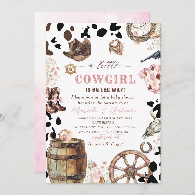 Elegant  Watercolor Pink Little Cowgirl Baby Showe Invitation (Front/Back)
