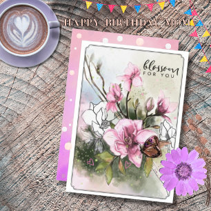 Elegant Watercolor Pink Magnolia Birthday Mum Card