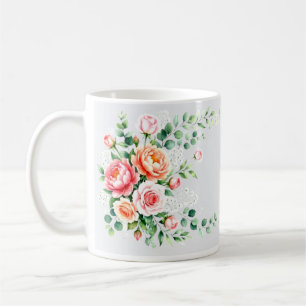 Elegant Watercolor Pink Peony and Peach Rose Flora Coffee Mug