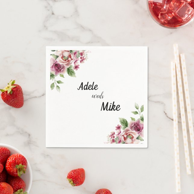 Elegant Watercolor Pink Rose Bouquet Wedding Napkin (Insitu)