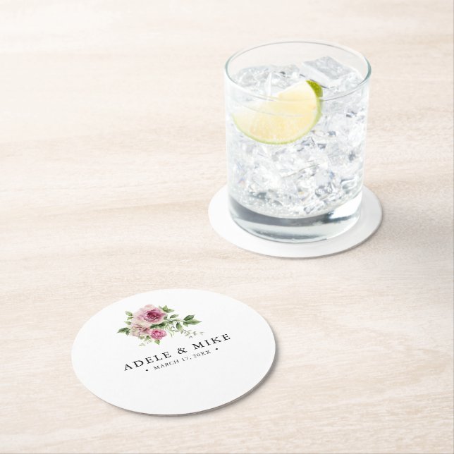Elegant Watercolor Pink Rose Bouquet Wedding Round Paper Coaster (Insitu)