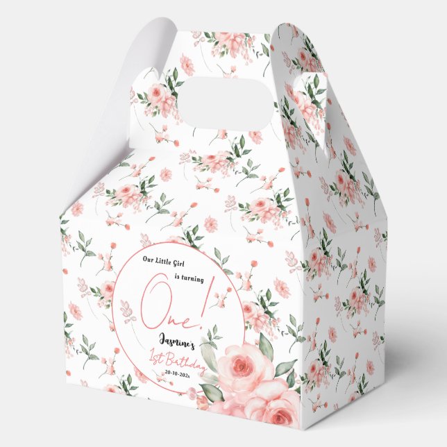 Elegant Watercolor Pink Rose Girl 1st Birthday Favour Box (Front)