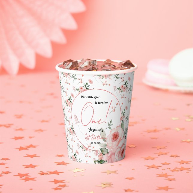 Elegant Watercolor Pink Rose Girl 1st Birthday Paper Cups (Insitu)