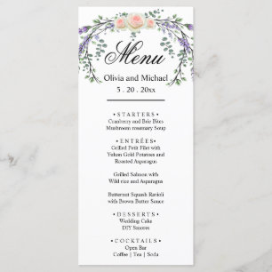 Elegant watercolor pink roses botanical lavender menu