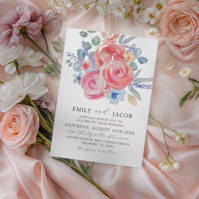 Elegant Watercolor Pink Roses & Eucalyptus Wedding Invitation (Creator Uploaded)