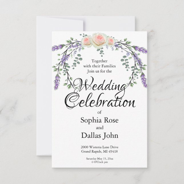 Elegant watercolor pink roses Lavender Wedding Invitation (Front)