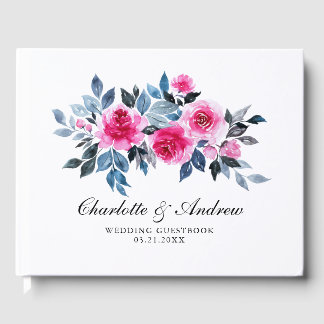 Elegant Watercolor Pink Roses Wedding Guest Book