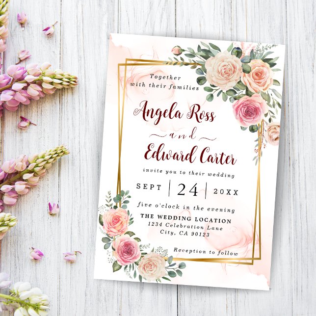 Elegant Watercolor Pink Roses Wedding Invitation (Creator Uploaded)