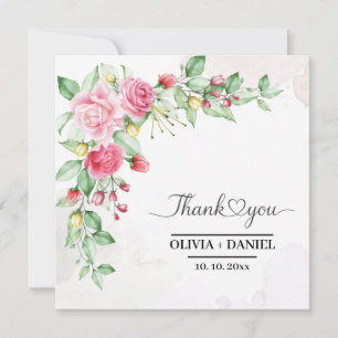 Elegant Watercolor Pink Roses Wedding Thank You Card