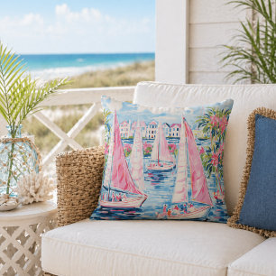 Elegant Watercolor Pink Sailboats Tropical Coastal Cushion