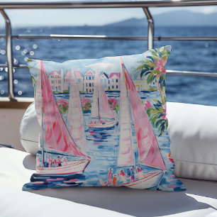 Elegant Watercolor Pink Sailboats Tropical Coastal Cushion