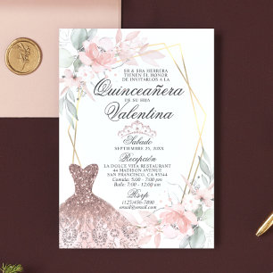 Elegant Watercolor Pink Spanish Quinceañera Quince Invitation