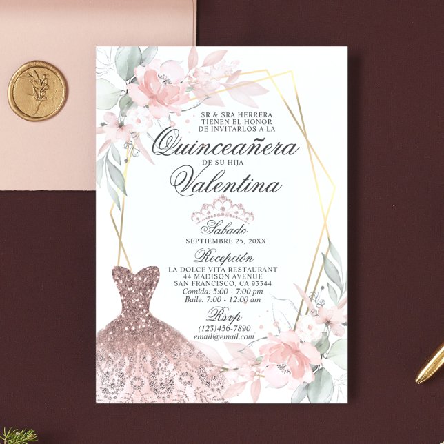 Elegant Watercolor Pink Spanish Quinceañera Quince Invitation (Creator Uploaded)