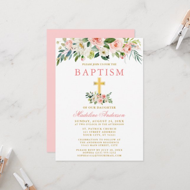 Elegant Watercolor Pink White Floral Gold Baptism Invitation (Front/Back In Situ)