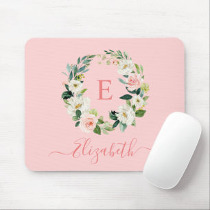 Elegant Watercolor Pink White Floral Monogram Mouse Pad