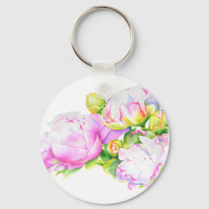 Elegant watercolor pink white florals peonies key ring