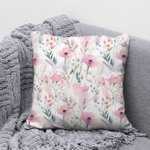 Elegant Watercolor Pink Wildflower Floral Pattern Cushion
