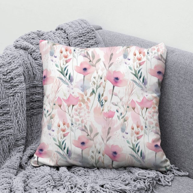 Elegant Watercolor Pink Wildflower Floral Pattern Cushion (Creator Uploaded)