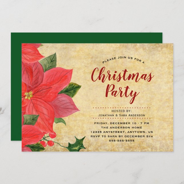 Elegant Watercolor Poinsettia Christmas Party Invitation (Front/Back)
