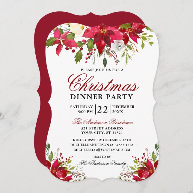 Elegant Watercolor Poinsettia Christmas Party Invitation (Front/Back)