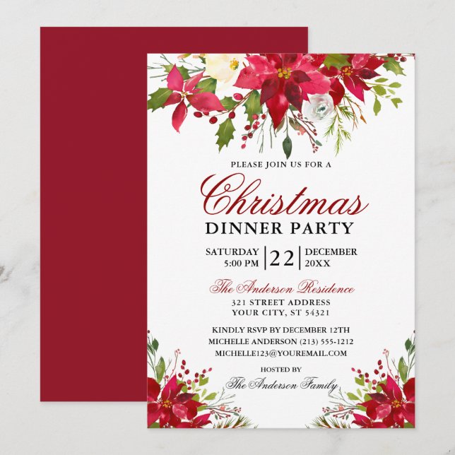 Elegant Watercolor Poinsettia Christmas Party Red Invitation (Front/Back)