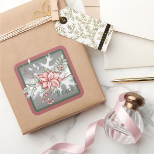 Elegant watercolor poinsettia custom Christmas Squ Square Sticker
