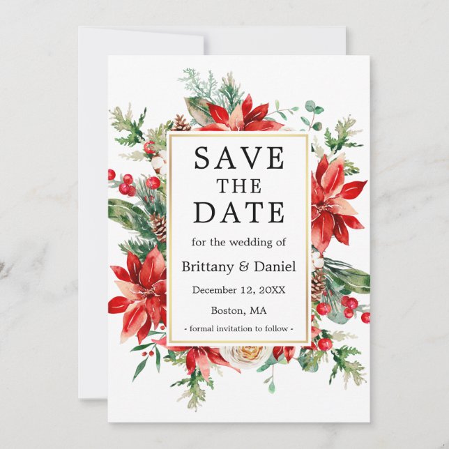 Elegant Watercolor Poinsettia Floral Greenery Save The Date (Front)