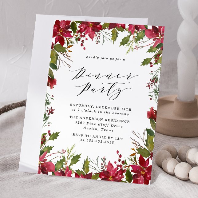 Elegant Watercolor Poinsettia Holiday Dinner Party Invitation (Creator Uploaded)