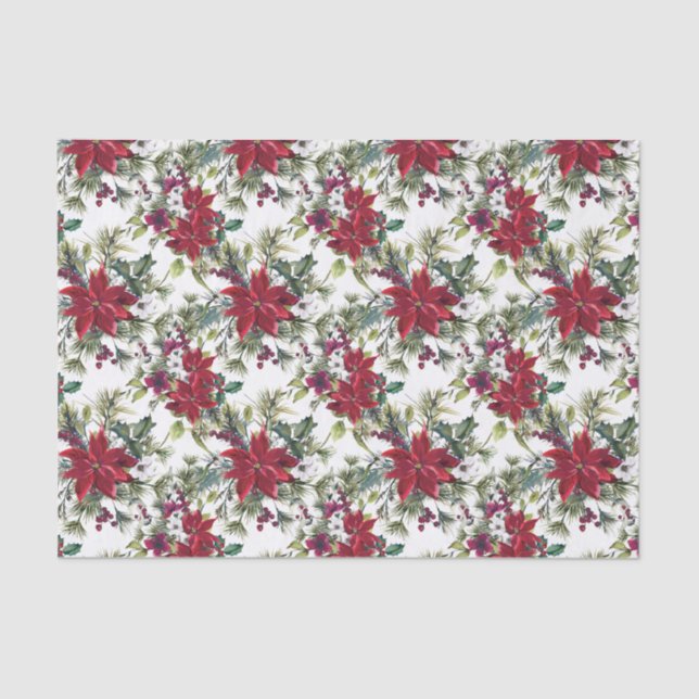 Elegant Watercolor Poinsettia Pattern Holiday Tissue Paper (Front)